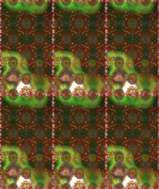 Kahverengi ve yeşil renklerde etnik çiçeklerle kusursuz bir desen. Asya Tekstil 'inde Raster Çiçek İllüstrasyonu.