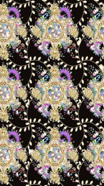 Ağaç dallı bahar çiçekleriyle desen, çiçek siluetiyle siyah renkler. Raster deseni.