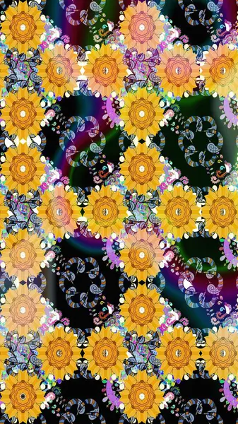 Küçük sarı çiçeklerle oldukça eski bir besin torbası deseni. Tekstil, kumaş, kapaklar, duvar kağıtları, baskı, paket, koleksiyon defteri, örgü, dekupaj için çiçek arkaplanı..