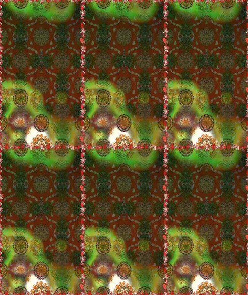 Kahverengi ve yeşil renklerde etnik çiçeklerle kusursuz bir desen. Asya Tekstil 'inde Raster Çiçek İllüstrasyonu.