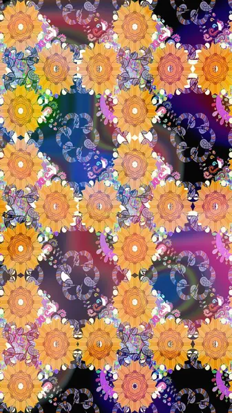 Küçük çiçekli basit bir çiçek çizimi. Sarı renkte şirin çiçekler. Moda baskısı, albüm, ambalaj kağıdı ve duvar kağıdı için zarif dekoratif süslemeler. Raster illüstrasyonu.