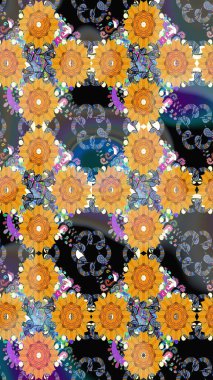 Parlak renkli çiçekli ve sarı yapraklı harika bir çiçek deseni. Moda baskıları için zarif bir şablon. Modern çiçek arkaplanı. Halk stili.