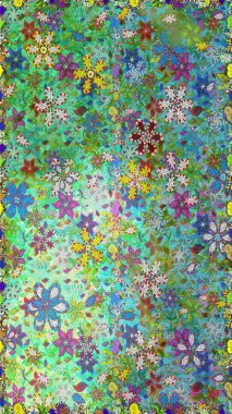 Çiçek desenli raster, yeşil ve mavi çizgi grafik desenli soyut raster arkaplan. Modern stil dokusu.