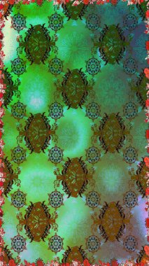 1950-1960 motifleri. El çizimi çiçek unsurları olan soyut, dikişsiz raster deseni. Yeşil ve kahverengi, yeşil ve kahverengi. Retro tekstil tasarım koleksiyonu. Çiçekli ipek eşarp..