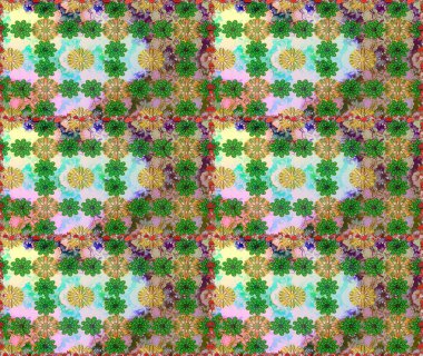 Çiçeksiz desenli nakış işlemeli gelincikler ve vadideki zambaklar. Raster geleneksel çiçek buketi yeşil ve nötr renklerde tekstil tasarımı için.