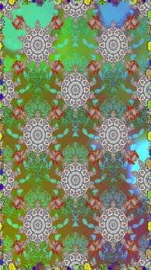 Çiçekli karalama şeklinde Raster çiçek deseni. Raster illüstrasyonu. # Yeşil ve gri renkte yaz çiçekleri #.