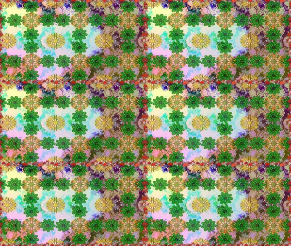 Çiçeksiz desenli nakış işlemeli gelincikler ve vadideki zambaklar. Raster geleneksel çiçek buketi yeşil ve nötr renklerde tekstil tasarımı için.