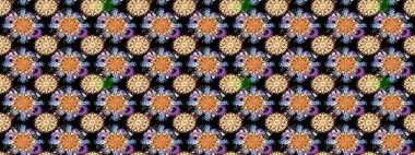 Çiçekli ipek eşarp. El çizimi çiçek unsurları olan soyut, dikişsiz raster deseni. 1950-1960 motifleri. Retro tekstil tasarım koleksiyonu. Siyah ve bej üzerine siyah ve bej.