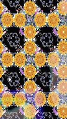 Çiçekli ipek eşarp. El çizimi çiçek unsurları olan soyut çizim raster deseni. 1950-1960 motifleri. Retro tekstil tasarım koleksiyonu. Sarı üstüne sarı.