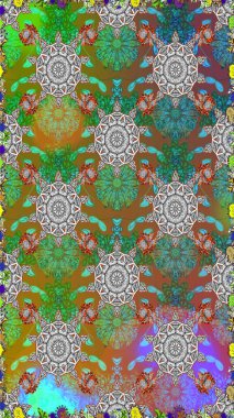 Yeşil ve kahverengi renkli, parlak çiçekli, soyut, pürüzsüz desen. Çiçeksel elementlerle süslenmiş zarif raster dokusu. Küçük çiçekte şirin bir çiçek deseni var..