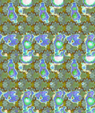 Raster deseni. Patlayan çiçekler soyut olarak yerleştirilmiş. Raster illüstrasyonu. Yumuşak, yeşil renkte bahar çiçekleri.