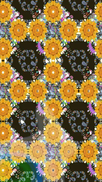 Suluboya elle çizilmiş çiçek desenli eskiz deseni. Parlak renkli fantezi çiçekleri, yapraklar, sarı renkli tomurcuklar.