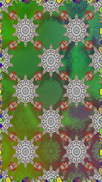 Klasik çiçek tasarımı elementleri. Yeşil ve gri kıvırcık çiçekler yeşil ve gri renkte şekillenir. Raster illüstrasyonu.