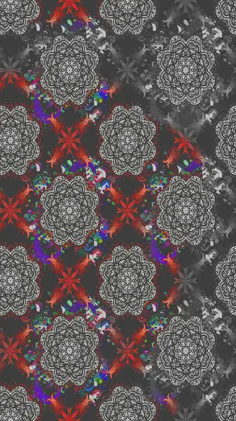 Parlak renkli çiçekleri ve gri renkli yaprakları olan harika bir çiçek deseni. Moda baskıları için zarif bir şablon. Modern çiçek arkaplanı. Halk stili.