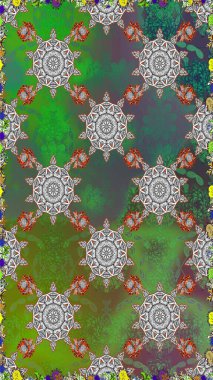 Renkli grunge, koyu yeşil ve gri çiçeklerle soyut bir arka plan oluşturur. İşlemeli çiçekli, dikişsiz desen. İzler, kumaş, duvar kağıtları, tekstil için raster dokusu.