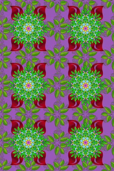 Sevimli çiçek raster deseni. Mor, mor ve yeşil renkli çiçekler. Düz Çiçek Elementleri Tasarımı. Renkli Bahar Teması Kusursuz Arkaplan.