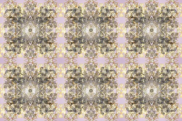Raster illüstrasyonu. Süslü dekorasyon. Damask altın soyut çiçek bej, nötr ve gri renklerde pürüzsüz desen.