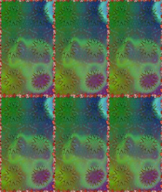 Parlak çiçekli kolaj çiçekleri yeşil ve mavi. Çiçek tasarımı için inanılmaz bir kolaj cenneti tarzı. Çiçekli zambaklar dikişsiz arkaplan.