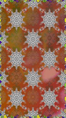 Halk tarzı. Modern çiçek arkaplanı. Moda baskıları için zarif bir şablon. Parlak renkli çiçeklerle ve kahverengi renklerde yapraklarla şaşırtıcı, pürüzsüz çiçek deseni.