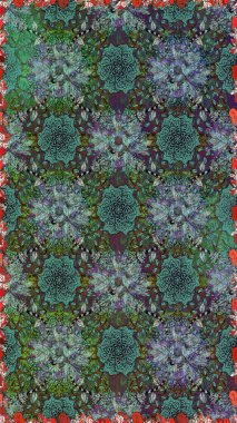 Raster Güzel kumaş deseni. Raster suluboya deseni, narin çiçekler, yeşil ve gri çiçekler, tebrik kartı şablonu..