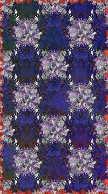 El çizimi çiçekli, soyut, pürüzsüz desen. Mor ve gri renkte çiçekler. Raster illüstrasyonu.