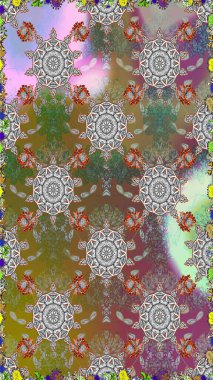 Çok renkli ve kahverengi zarif küçük çiçekler ve gri ve kahverengi renkli komik böcekler, raster deseni, illüstrasyon.