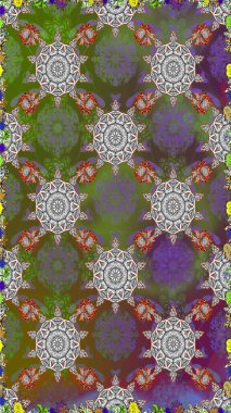 Raster illüstrasyonunda kusursuz çiçek deseni. Renkli Bahar Temalı Kusursuz Arkaplan. Düz Çiçek Elementleri Tasarımı. Gri ve yeşil renkte çiçekler.