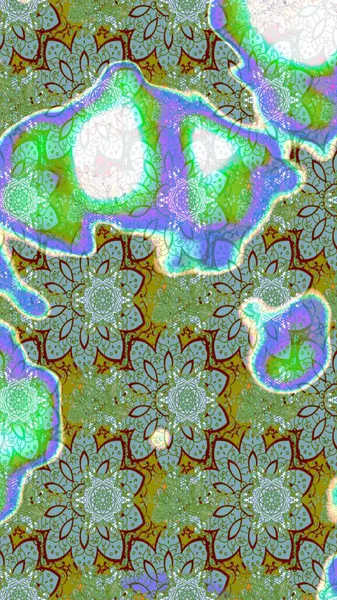 Yeşil renkli etnik çiçeklerle süslenmiş zarif bir eskiz şekli. Asya Tekstil 'inde Raster Çiçek İllüstrasyonu.