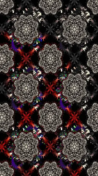 Çiçek duvar kağıdı. Renkli süs kenarı. Hint süsü. Çizim kalıbı. Raster illüstrasyonu. Siyah renklerde.