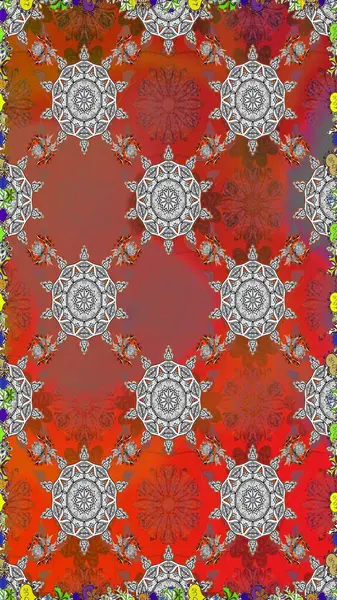 Düz Çiçek Elementleri Tasarımı. Renkli Bahar Temalı Kusursuz Arkaplan. Raster illüstrasyonunda kusursuz çiçek deseni. Kahverengi ve kırmızı renkte çiçekler.