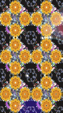 Çiçek desenli çizim. Raster illüstrasyonu. Asya tekstil tarzında. Gri renkli çiçekler. Raster illüstrasyonu.