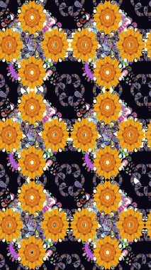 Raster illüstrasyonundaki çiçek desenli çizim. Siyah renkli çiçekler. Renkli Bahar Teması eskiz kalıbı. Düz Çiçek Elementleri Tasarımı.