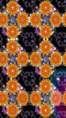 Çiçek desenli çizim. Raster illüstrasyonu. Asya tekstil tarzında. Turuncu renkli çiçekler. Raster illüstrasyonu.