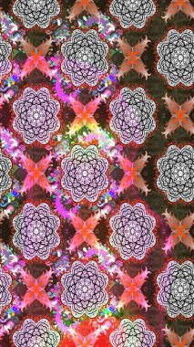 Renkli desenli eskiz deseni, kahverengi çiçekler ve dekoratif elementlerle. Eskiz geçmişi. Raster illüstrasyonu. Kumaş, tekstil, duvar kağıdı baskısı için. Antika retro tarzı.