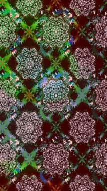 Çiçekli ipek eşarp. El çizimi çiçek unsurları olan soyut çizim raster deseni. 1950-1960 motifleri. Retro tekstil tasarım koleksiyonu. Kahverengi üstüne kahverengi.