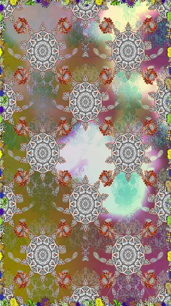 Raster illüstrasyonunda kusursuz çiçek deseni. Renkli Bahar Temalı Kusursuz Arkaplan. Düz Çiçek Elementleri Tasarımı. Gri ve kahverengi renkte çiçekler.