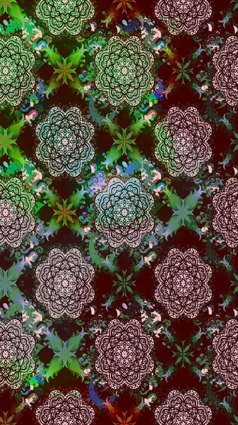 Çiçekli ipek eşarp. El çizimi çiçek unsurları olan soyut çizim raster deseni. 1950-1960 motifleri. Retro tekstil tasarım koleksiyonu. Kahverengi üstüne kahverengi.