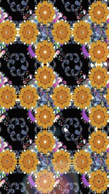 Çiçek süslemeli çizim deseni. Siyah renkli çiçekler. Raster illüstrasyonu.