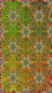 Raster illüstrasyonu. Çiçeklerle suluboya desenli çiçek deseni. Kahverengi ve yeşil renkli Asyalı tekstil.