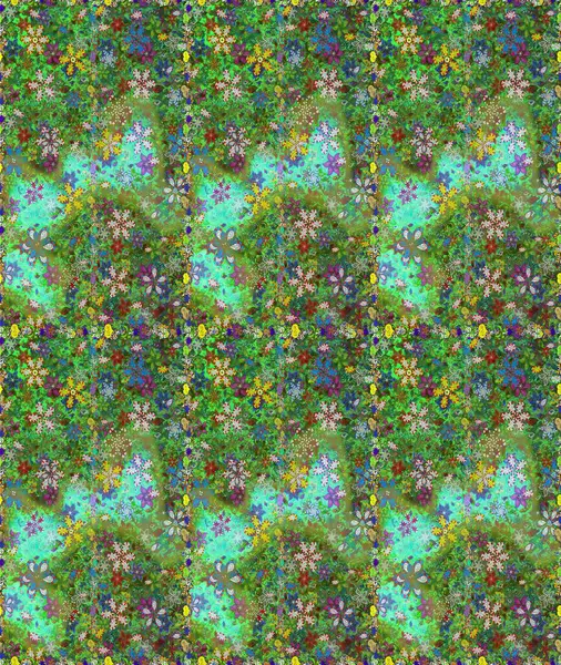 Çiçeksiz desenli, suluboya elle çizilmiş elementler. Parlak renkli fantezi çiçekleri, yapraklar, yeşil ve mavi renkli tomurcuklar yeşil ve mavi.