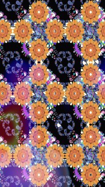 Renkli çiçekleri ve turuncu yaprakları olan harika bir çiçek deseni. Moda baskıları için zarif bir şablon. Modern çiçek arkaplanı. Halk stili.