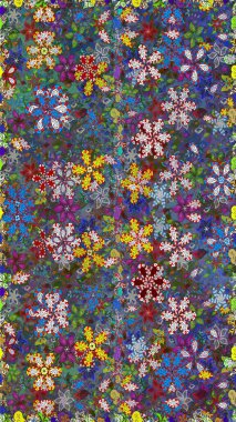 Raster illüstrasyonu. Renkli Bahar Temalı Kusursuz Arkaplan. Düz Çiçek Elementleri Tasarımı. Çiçekli, suluboya desenli kusursuz çiçek deseni. Mavi ve yeşil renkte çiçekler.