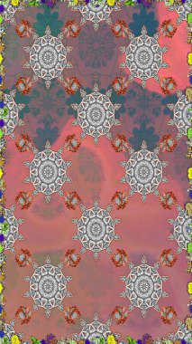 Raster Floral Illustration, Asyalı tekstil. Pembe ve gri renkte etnik çiçeklerle kusursuz bir desen..