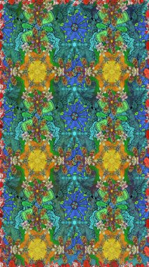 Halk tarzı. Modern çiçek arkaplanı. Parlak renkli çiçeklerle ve mavi ve yeşil renklerde yapraklarla şaşırtıcı, pürüzsüz çiçek deseni. Moda baskıları için zarif bir şablon.