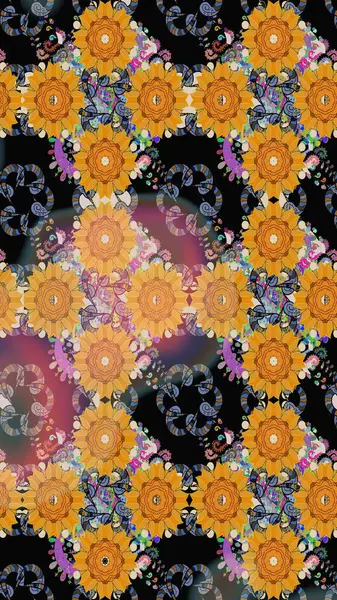 Soyut etnik raster çizim kalıbı. Kabile sanatı boho baskısı, klasik çiçek arkaplanı. Arkaplan dokusu, duvar kağıdı, sarı renkli çiçek teması.