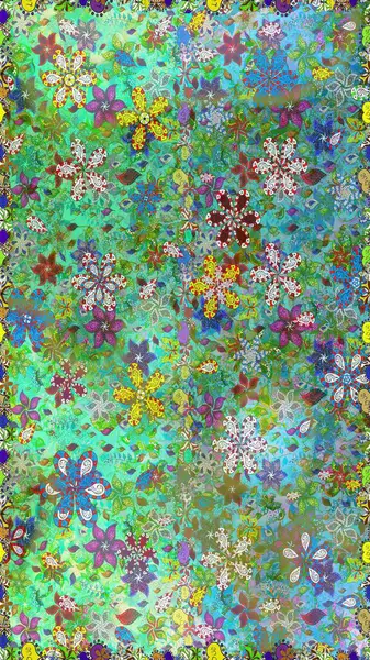 Kusursuz desen. Renkli süs kenarı. Raster illüstrasyonu. Çiçek duvar kağıdı. Yeşil ve mavi renklerde. Hint süsü..