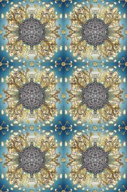 Altın elementli mavi, gri ve nötr renkler. Raster illüstrasyonu. Raster altın desen. Kusursuz altın desenli bukleler. Doğu tarzı arabesk.