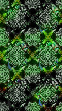 Yeşil renkler üzerine çiçek desenli çizimler, el yapımı papatyalar, papatyalar. Tekrarlayan çiçek arkaplanı, zarif yeşil çiçek duvar kağıdı.