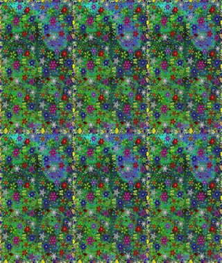 Renkli Bahar Temalı Kusursuz Arkaplan. Sevimli çiçek raster deseni. Yeşil ve mavi renkte çiçekler. Düz Çiçek Elementleri Tasarımı.