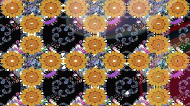 Raster illüstrasyonu. Şirin çiçekli eskiz deseni ve siyah renkli yapraklar, suluboya çiçek deseni, duvar kağıdı, kart veya kumaş için fayanslı.